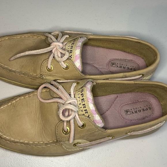 Sperry Women’s Topsider Boat Shoes Sz 8 Pink Sequins Tan Leather Loafers - Picture 3 of 6